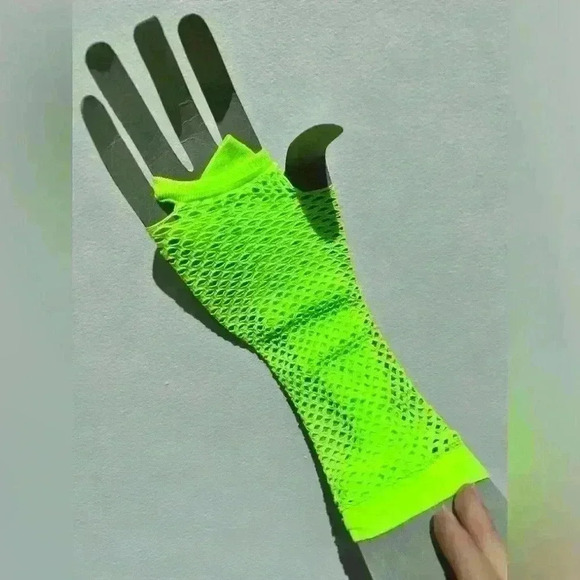 Neon Green Fishnet Fingerless Gloves Rave Halloween Costume Festival Emo Punk - Picture 4 of 4